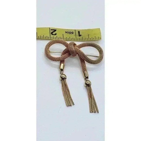 Vintage Gold Mesh Bow Brooch Tassle Waterfall 3D Pin Rolled Gold - Picture 6 of 7